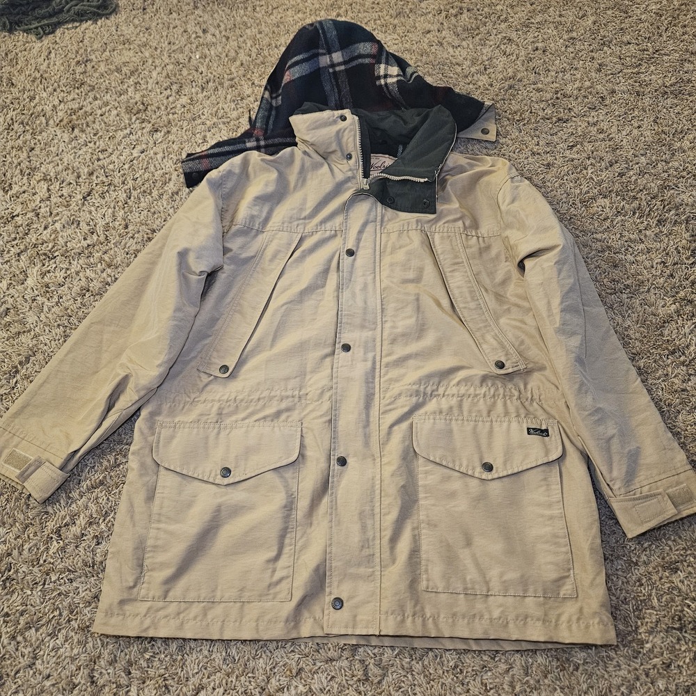 Vtg Woolrich‎ Jacket Mens Large Tan Parka Field Coat Wool Lined Detachable Hood